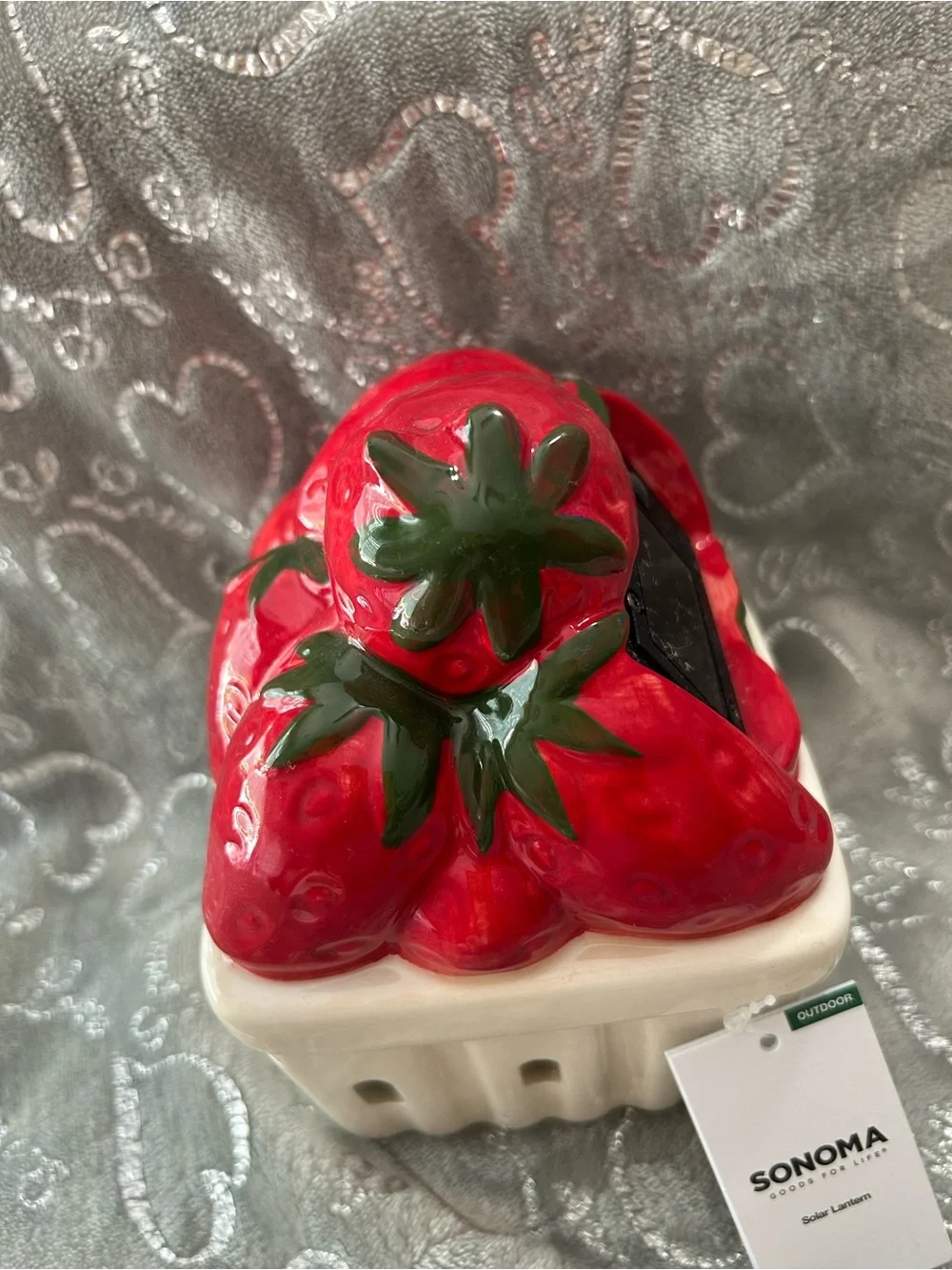 NWT Sonoma Red & Green Ceramic Strawberry Solar Lantern